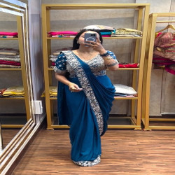 Embroidered Chinon Ready-to-Wear Drape Saree with Stitched Blouse